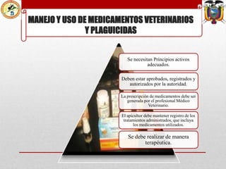 MANEJO Y USO DE MEDICAMENTOS VETERINARIOS
Y PLAGUICIDAS

Se necesitan Principios activos
adecuados.
Deben estar aprobados, registrados y
autorizados por la autoridad.
La prescripción de medicamentos debe ser
generada por el profesional Médico
Veterinario.
El apicultor debe mantener registro de los
tratamientos administrados, que incluya
los medicamentos utilizados.

Se debe realizar de manera
terapéutica.

 