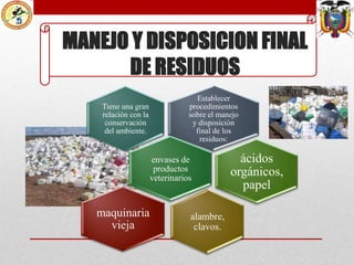 MANEJO Y DISPOSICION FINAL
DE RESIDUOS
Tiene una gran
relación con la
conservación
del ambiente.

Establecer
procedimientos
sobre el manejo
y disposición
final de los
residuos:

envases de
productos
veterinarios

maquinaria
vieja

alambre,
clavos.

ácidos
orgánicos,
papel

 