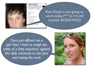 Kyle Doyle is not going to
                               work today, f*** it, I’m still
                                trashed. SICKIE WOO




       Cisco just offered me a
  job! Now I have to weigh the
utility of a fatty paycheck against
 the daily commute to San Jose
        and hating the work
 
