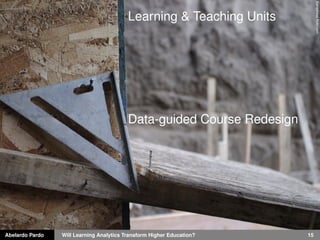 Abelardo Pardo Will Learning Analytics Transform Higher Education? 15
Sanadreasﬂickr.com
Learning & Teaching Units
Data-guided Course Redesign
 