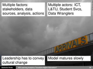 Abelardo Pardo Will Learning Analytics Transform Higher Education? 25
GerardStolkﬂickr.com
Multiple factors:
stakeholders, data
sources, analysis, actions
Multiple actors: ICT,
L&TU, Student Svcs,
Data Wranglers
Leadership has to convey
cultural change
Model matures slowly
 