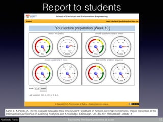 Abelardo Pardo Facilitating feedback processes at scale 10
Report to students
Kahn, I., & Pardo, A. (2016). Data2U: Scalable Real time Student Feedback in Active Learning Environments. Paper presented at the
International Conference on Learning Analytics and Knowledge, Edinburgh, UK. doi:10.1145/2883851.2883911
 