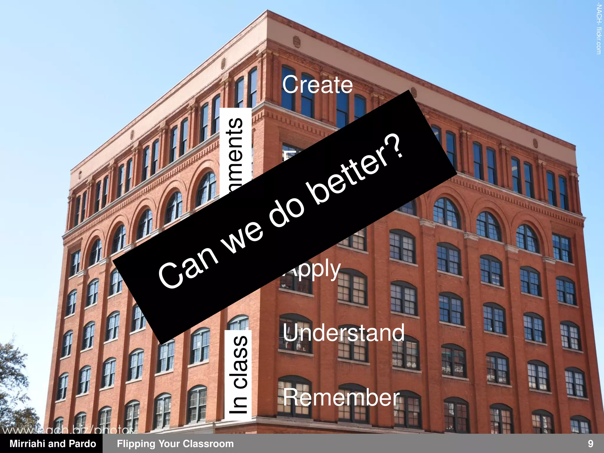 Mirriahi and Pardo Flipping Your Classroom 9
-NACH-ﬂickr.com
Remember
Understand
Apply
Analyze
Evaluate
Create
InclassAssignments
Can we do better?
 