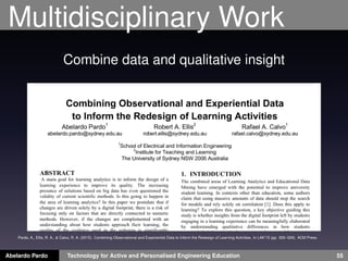 Multidisciplinary Work
Combine data and qualitative insight
Abelardo Pardo Technology for Active and Personalised Engineering Education 55
Pardo, A., Ellis, R. A., & Calvo, R. A. (2015). Combining Observational and Experiential Data to Inform the Redesign of Learning Activities. In LAK’15 (pp. 305–309). ACM Press.
 