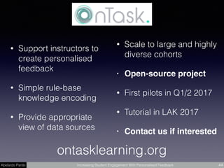 Abelardo Pardo Increasing Student Engagement With Personalised Feedback 44
• Support instructors to
create personalised
feedback
• Simple rule-base
knowledge encoding
• Provide appropriate
view of data sources
• Scale to large and highly
diverse cohorts
• Open-source project
• First pilots in Q1/2 2017
• Tutorial in LAK 2017
• Contact us if interested
ontasklearning.org
 