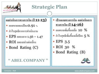 Strategic Plan

 ผลด้าเนินการทางการเงิน (ปี 11-13)    เป้าหมายทางการเงิน ผลด้าเนินการ
  ยอดขายลดลงปีละ0.91 %                ทางการเงิน (ปี 14-16)
  กาไรสุทธิจากการดาเนินงาน           ยอดขายเพิ่มขึ้นเฉลี่ย 10 %
  EPS ลดลงจาก 1.56 – 1.47            กาไรสุทธิเพิ่มขึ้นเฉลี่ยปีละ 5 %
  ROI ลดลงอย่างต่อเนื่อง             EPS 3.5
  Bond Rating (C)                    ROI 30 %
                                      Bond Rating (B)

    “ ABEL COMPANY ”

Company Abel                                             www.abelcompany.com
 