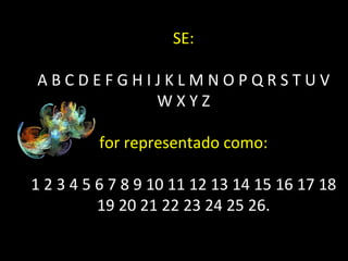 SE: A B C D E F G H I J K L M N O P Q R S T U V W X Y Z for representado como: 1 2 3 4 5 6 7 8 9 10 11 12 13 14 15 16 17 18 19 20 21 22 23 24 25 26. 