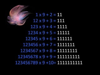 1 x 9 + 2 = 11
12 x 9 + 3 = 111
123 x 9 + 4 = 1111
1234 x 9 + 5 = 11111
12345 x 9 + 6 = 111111
123456 x 9 + 7 = 1111111
1234567 x 9 + 8 = 11111111
12345678 x 9 + 9 = 111111111
123456789 x 9 +10= 1111111111
 