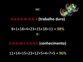 se:
H-A-R-D-W-O-R- K (trabalho duro)

8+1+18+4+23+15+18+11 = 98%
e:
K-N-O-W-L-E-D-G-E (conhecimento)

11+14+15+23+12+5+4+7+5 = 96%

 