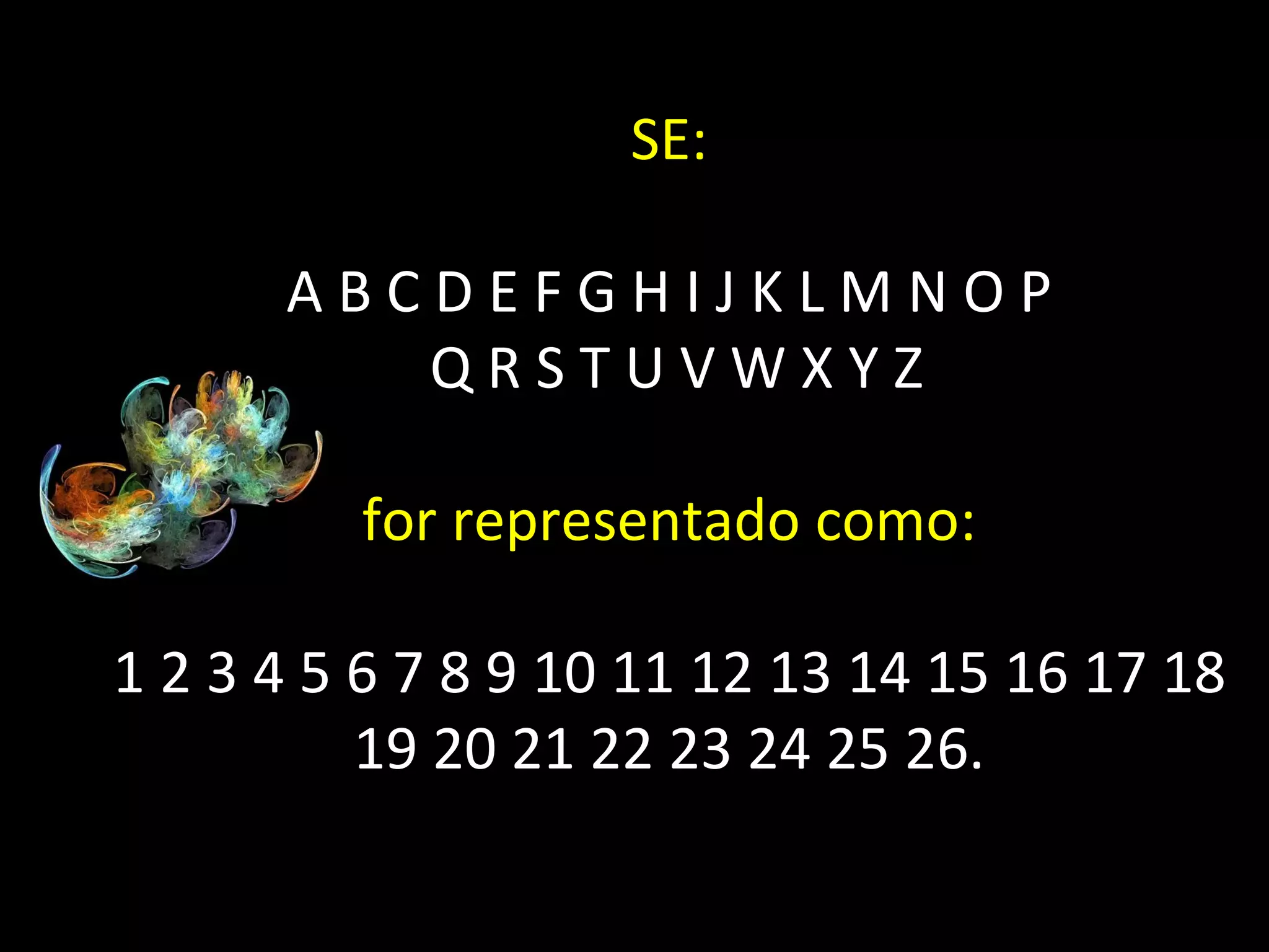 SE: A B C D E F G H I J K L M N O P Q R S T U V W X Y Z for representado como: 1 2 3 4 5 6 7 8 9 10 11 12 13 14 15 16 17 18 19 20 21 22 23 24 25 26. 