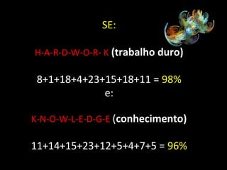 SE:
H-A-R-D-W-O-R- K (trabalho duro)
8+1+18+4+23+15+18+11 = 98%
e:
K-N-O-W-L-E-D-G-E (conhecimento)
11+14+15+23+12+5+4+7+5 = 96%
 