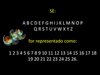 SE:
A B C D E F G H I J K L M N O P
Q R S T U V W X Y Z
for representado como:
1 2 3 4 5 6 7 8 9 10 11 12 13 14 15 16 17 18
19 20 21 22 23 24 25 26.
 