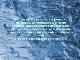 Olha para trás, para toda a jornada:
    os cumes, as montanhas, o longo
 caminho sinuoso através das florestas,
 através dos povoados, e vê a sua frente
um oceano tão vasto que entrar nele nada
                   mais
   é do que desaparecer para sempre.
 