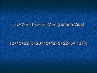 L-O-V-E--T-O--L-I-V-E  (Amar a Vida)L-O-V-E--T-O--L-I-V-E  (Amar a Vida)
12+15+22+5+20+15+12+9+22+5= 137%12+15+22+5+20+15+12+9+22+5= 137%
 