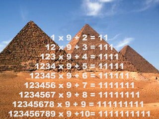 1 x 9 + 2 = 11 12 x 9 + 3 = 111 123 x 9 + 4 = 1111 1234 x 9 + 5 = 11111 12345 x 9 + 6 = 111111 123456 x 9 + 7 = 1111111 1234567 x 9 + 8 = 11111111 12345678 x 9 + 9 = 111111111  123456789 x 9 +10= 1111111111 