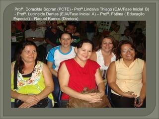 Profª. Doracilda Sopran (PCTE) - Profª.Lindalva Thiago (EJA/Fase Inicial B)
- Profª. Lucineide Dantas (EJA/Fase Inicial A) – Profª. Fátima ( Educação
Especial) – Raquel Ramos (Diretora)
 