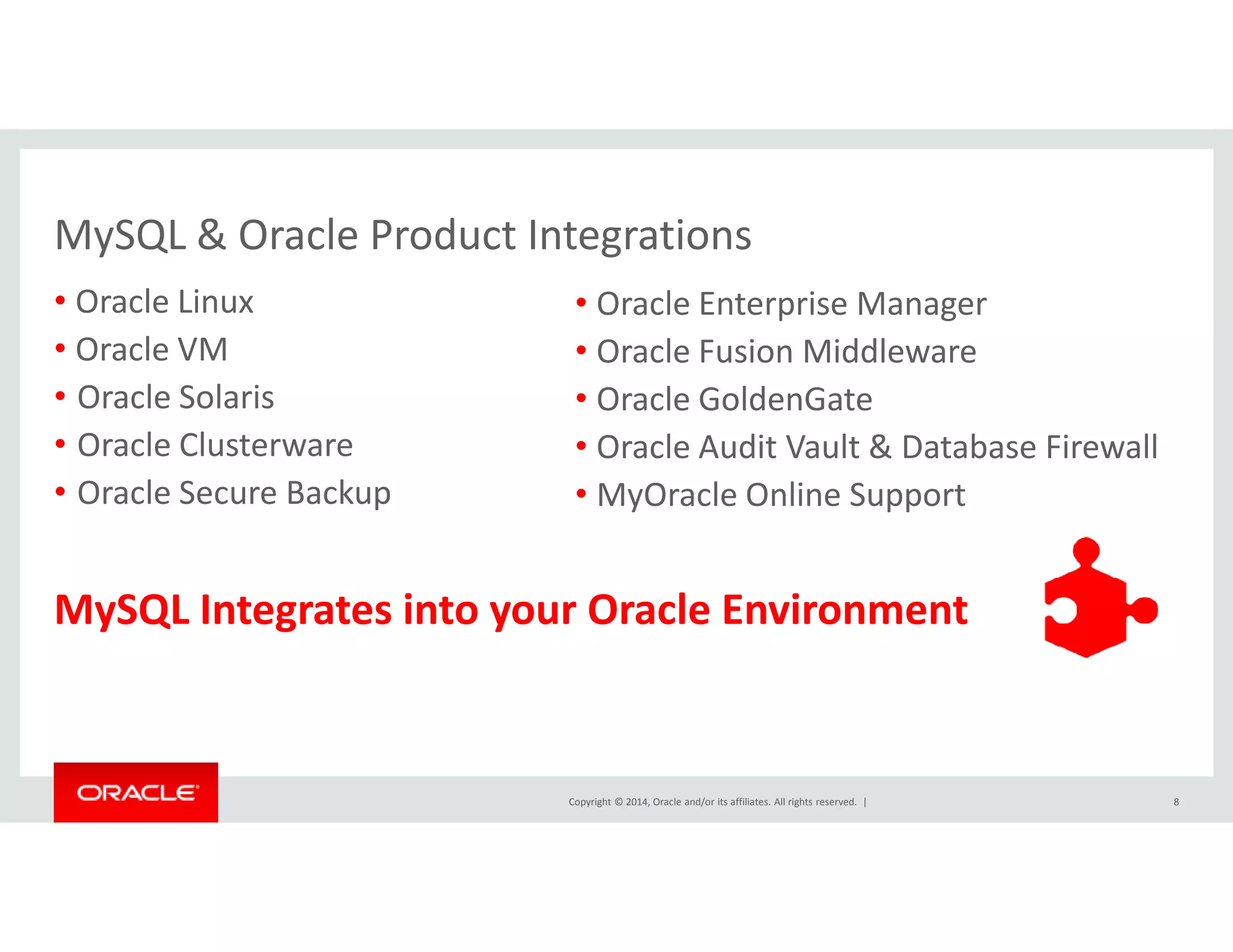 MySQL & Oracle Product Integrations 
• Oracle Linux 
• Oracle VM 
• Oracle Solaris 
• Oracle Clusterware 
• Oracle Secure Backup 
• Oracle Enterprise Manager 
• Oracle Fusion Middleware 
• Oracle GoldenGate 
• Oracle Audit Vault & Database Firewall 
• MyOracle Online Support 
MySQL Integrates into your Oracle Environment 
Copyright © 2014, Oracle and/or its affiliates. All rights reserved. | 
8 
 