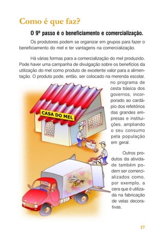 Como é que faz?
O 9º passo é o beneficiamento e comercialização.
Os produtores podem se organizar em grupos para fazer o
beneficiamento do mel e ter vantagens na comercialização.
Há várias formas para a comercialização do mel produzido.
Pode haver uma campanha de divulgação sobre os benefícios da
utilização do mel como produto de excelente valor para a alimentação. O produto pode, então, ser colocado na merenda escolar,
no programa de
cesta básica dos
governos, incorporado ao cardápio dos refeitórios
das grandes empresas e instituições, ampliando
o seu consumo
pela população
em geral.
Outros produtos da atividade também podem ser comercializados como,
por exemplo, a
cera que é utilizada na fabricação
de velas decorativas.

17

 