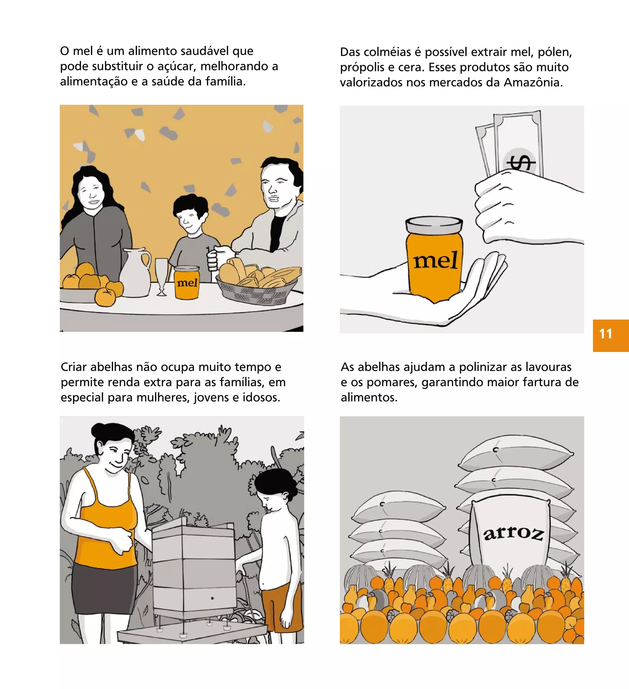11
O mel é um alimento saudável que
pode substituir o açúcar, melhorando a
alimentação e a saúde da família.
Das colméias é possível extrair mel, pólen,
própolis e cera. Esses produtos são muito
valorizados nos mercados da Amazônia.
Criar abelhas não ocupa muito tempo e
permite renda extra para as famílias, em
especial para mulheres, jovens e idosos.
As abelhas ajudam a polinizar as lavouras
e os pomares, garantindo maior fartura de
alimentos.
ilustração
mulher, junto com uma criança,
manejando as colméias
crianças em volta de uma
mesa com produtos de café
da manhã e vidro escrito
mel
ilustração de pessoa dando
mel com uma mão e
recebendo dinheiro em outra
ilustração
com sacos de mantimentos empilha-
dos e abundância de frutas de todos
os tipos ao redor
 