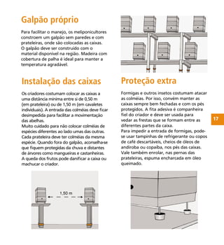 17
Galpão próprio
Para facilitar o manejo, os meliponicultores
constroem um galpão sem paredes e com
prateleiras, onde são colocadas as caixas.
O galpão deve ser construído com o
material disponível na região. Madeira com
cobertura de palha é ideal para manter a
temperatura agradável.
Instalação das caixas
Os criadores costumam colocar as caixas a
uma distância mínima entre si de 0,50 m
(em prateleira) ou de 1,50 m (em cavaletes
individuais). A entrada das colméias deve ﬁcar
desimpedida para facilitar a movimentação
das abelhas.
Muito cuidado para não colocar colméias de
espécies diferentes ao lado umas das outras.
Cada prateleira deve ter colméias da mesma
espécie. Quando fora do galpão, aconselha-se
que ﬁquem protegidas da chuva e distantes
de árvores como mangueiras e castanheiras.
A queda dos frutos pode daniﬁcar a caixa ou
machucar o criador.
Proteção extra
Formigas e outros insetos costumam atacar
as colméias. Por isso, convém manter as
caixas sempre bem fechadas e com os pés
protegidos. A ﬁta adesiva é companheira
ﬁel do criador e deve ser usada para
vedar as frestas que se formam entre as
diferentes partes da caixa.
Para impedir a entrada de formigas, pode-
se usar tampinhas de refrigerante ou copos
de café descartáveis, cheios de óleos de
andiroba ou copaíba, nos pés das caixas.
Vale também enrolar, nas pernas das
prateleiras, espuma encharcada em óleo
queimado.
 