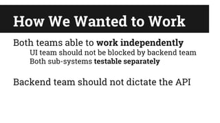 How We Wanted to Work
Both teams able to work independently
UI team should not be blocked by backend team
Both sub-systems testable separately
Backend team should not dictate the API
 
