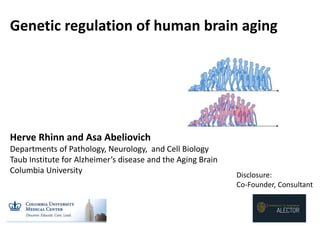 Genetic regulation of human brain aging
Herve Rhinn and Asa Abeliovich
Departments of Pathology, Neurology, and Cell Biology
Taub Institute for Alzheimer’s disease and the Aging Brain
Columbia University
Disclosure:
Co-Founder, Consultant
 