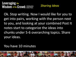 Sharing IdeasOk. Stop writing. Now I would like for you to get into pairs, working with the person next to you, and looking at your combined Post It notes start to categorize the ideas into chunks under 5-6 overarching topics. Share your ideas. You have 10 minutes