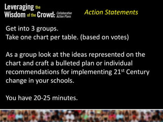 Action StatementsGet into 3 groups. Take one chart per table. (based on votes)As a group look at the ideas represented on the chart and craft a bulleted plan or individual recommendations for implementing 21st Century change in your schools.You have 20-25 minutes.