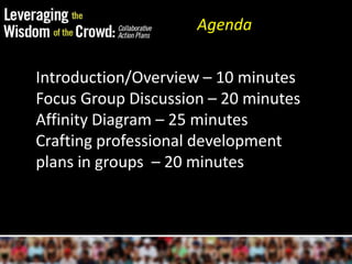 AgendaIntroduction/Overview – 10 minutesFocus Group Discussion – 20 minutesAffinity Diagram – 25minutesCrafting professional development plans in groups  – 20 minutes