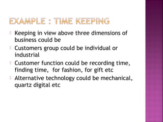  Keeping in view above three dimensions of
business could be
 Customers group could be individual or
industrial
 Customer function could be recording time,
finding time, for fashion, for gift etc
 Alternative technology could be mechanical,
quartz digital etc
 