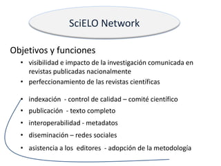 SciELO Network
Objetivos y funciones
• visibilidad e impacto de la investigación comunicada en
revistas publicadas naciona...