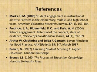 ReferencesMarks, H.M. (2000) Student engagement in instructional activity: Patterns in the elementary, middle, and high school years. American Education Research Journal, 37 (1), 153-184.Fredricks, J. A., Blumenfeld, P. C., and Paris, A. H. (2004) School engagement: Potential of the concept, state of evidence, Review of Educational Research, 74 (1), 59-109.Arthur W. Chickering and Zelda F. Gamson, Seven Principles for Good Practice. AAHEBulletin 39: 3-7, March 1987Brown, G. (1997) Assessing Student Learning In Higher Education. London: RoutledgeBruner, J.S. (1960) The Process of Education. Cambridge: Harvard University Press.