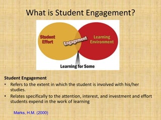What is Student Engagement?Student EngagementRefers to the extent in which the student is involved with his/her studies.Relates specifically to the attention, interest, and investment and effort students expend in the work of learningMarks, H.M. (2000)