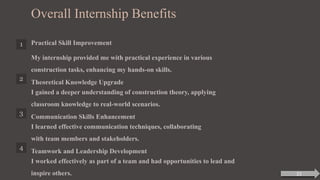 Overall Internship Benefits
1 Practical Skill Improvement
My internship provided me with practical experience in various
construction tasks, enhancing my hands-on skills.
2
Theoretical Knowledge Upgrade
I gained a deeper understanding of construction theory, applying
classroom knowledge to real-world scenarios.
3
Communication Skills Enhancement
I learned effective communication techniques, collaborating
with team members and stakeholders.
4
Teamwork and Leadership Development
I worked effectively as part of a team and had opportunities to lead and
inspire others. 21
 