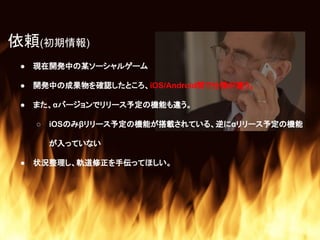 ● 現在開発中の某ソーシャルゲーム
● 開発中の成果物を確認したところ、iOS/Android間で仕様が違う。
● また、αバージョンでリリース予定の機能も違う。
○ iOSのみβリリース予定の機能が搭載されている、逆にαリリース予定の機能
が入っていない
● 状況整理し、軌道修正を手伝ってほしい。
依頼(初期情報)
 
