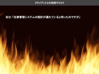 自分：「在庫管理システムの設計が遅れていると伺ったのですが」
クライアントとの初回やりとり
 