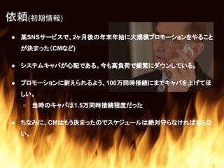 ● 某SNSサービスで、2ヶ月後の年末年始に大規模プロモーションをやること
が決まった（CMなど)
● システムキャパが心配である。今も高負荷で頻繁にダウンしている。
● プロモーションに耐えられるよう、100万同時接続にまでキャパを上げてほ
しい。
○ 当時のキャパは1.5万同時接続程度だった
● ちなみに、CMはもう決まったのでスケジュールは絶対守らなければならな
い。
依頼(初期情報)
 