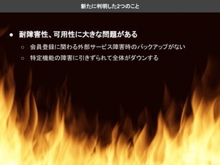 ● 耐障害性、可用性に大きな問題がある
○ 会員登録に関わる外部サービス障害時のバックアップがない
○ 特定機能の障害に引きずられて全体がダウンする
新たに判明した2つのこと
 