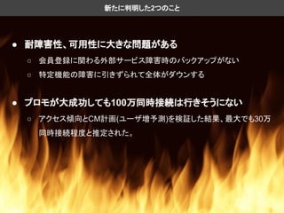 ● 耐障害性、可用性に大きな問題がある
○ 会員登録に関わる外部サービス障害時のバックアップがない
○ 特定機能の障害に引きずられて全体がダウンする
● プロモが大成功しても100万同時接続は行きそうにない
○ アクセス傾向とCM計画(ユーザ増予測)を検証した結果、最大でも30万
同時接続程度と推定された。
新たに判明した2つのこと
 