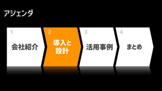 導入と
設計
まとめ
アジェンダ
活用事例会社紹介
1 2 3 4
 
