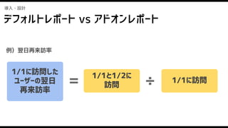 デフォルトレポート vs アドオンレポート
導入・設計
1/1に訪問した
ユーザーの翌日
再来訪率
例）翌日再来訪率
÷1/1と1/2に
訪問
1/1に訪問=
 