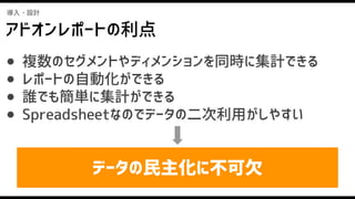 アドオンレポートの利点
導入・設計
● 複数のセグメントやディメンションを同時に集計できる
● レポートの自動化ができる
● 誰でも簡単に集計ができる
● Spreadsheetなのでデータの二次利用がしやすい
データの民主化に不可欠
 