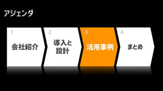 まとめ
アジェンダ
活用事例会社紹介
導入と
設計
1 2 3 4
 