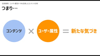 コンテンツ ユーザー属性× 新たな気づき=
活用事例：ユーザー属性データを活用したコンテンツ分析
つまり…
 
