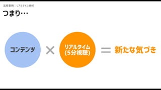 コンテンツ リアルタイム
(5分視聴)× 新たな気づき=
活用事例：リアルタイム分析
つまり…
 