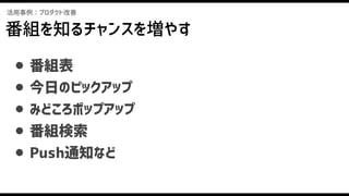 活用事例：プロダクト改善
番組を知るチャンスを増やす
● 番組表
● 今日のピックアップ
● みどころポップアップ
● 番組検索
● Push通知など
 