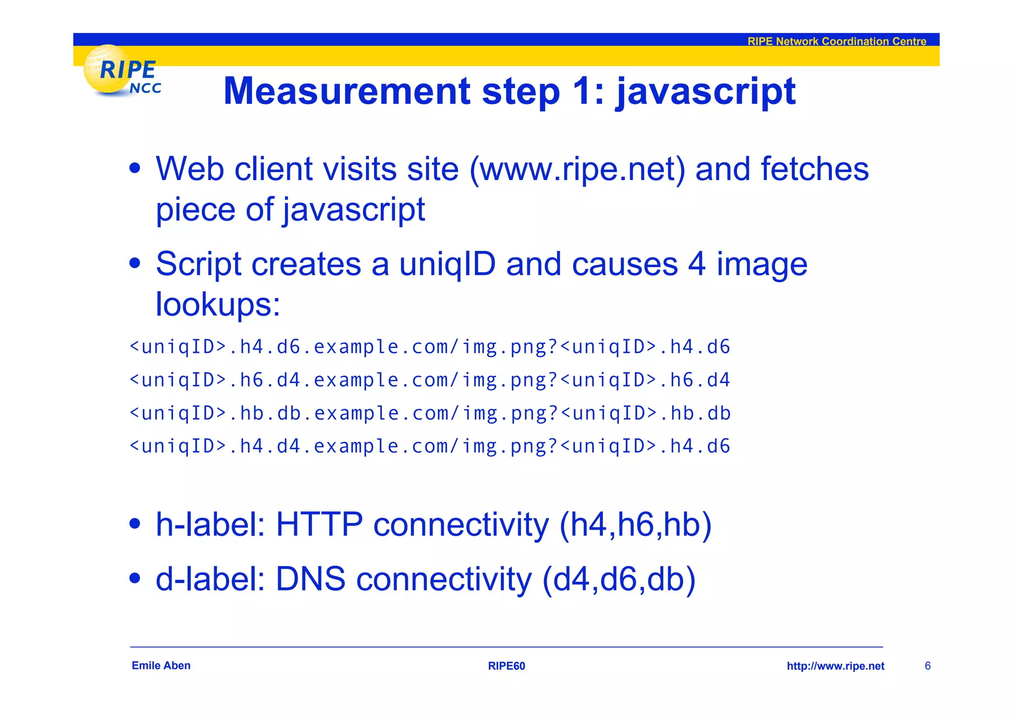 RIPE Network Coordination Centre




             Measurement step 1: javascript
• Web client visits site (www.ripe.net) and fetches
    piece of javascript
• Script creates a uniqID and causes 4 image
    lookups:
<uniqID>.h4.d6.example.com/img.png?<uniqID>.h4.d6
<uniqID>.h6.d4.example.com/img.png?<uniqID>.h6.d4
<uniqID>.hb.db.example.com/img.png?<uniqID>.hb.db
<uniqID>.h4.d4.example.com/img.png?<uniqID>.h4.d6



• h-label: HTTP connectivity (h4,h6,hb)
• d-label: DNS connectivity (d4,d6,db)

Emile Aben                   RIPE60                        http://www.ripe.net     6
 