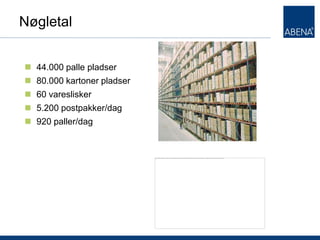 Nøgletal


 44.000 palle pladser
 80.000 kartoner pladser
 60 vareslisker
 5.200 postpakker/dag
 920 paller/dag
 