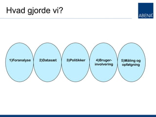 Hvad gjorde vi?




1)Foranalyse   2)Datasæt   3)Politikker    4)Bruger-    5)Måling og
                                          involvering   opfølgning
 