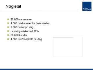 Nøgletal


 22.000 varenumre
 1.500 producenter fra hele verden
 2.800 ordrer pr. dag
 Leveringssikkerhed 99%
 80.000 kunder
 1.500 telefonopkald pr. dag
 